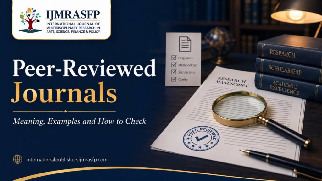 Peer-reviewed journals guide showing a research manuscript, review checklist, and academic books