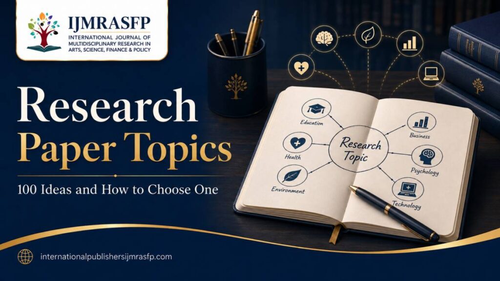 Research paper topics guide showing a notebook with topic ideas in education, health, business, psychology, environment, and technology